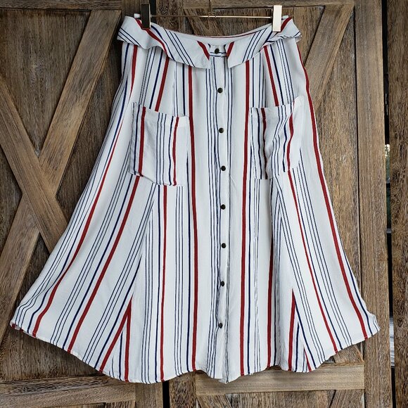 Tularosa Oliver Striped Skirt Sz S White Blue Red Knee Length Button Down Lined - Picture 1 of 11
